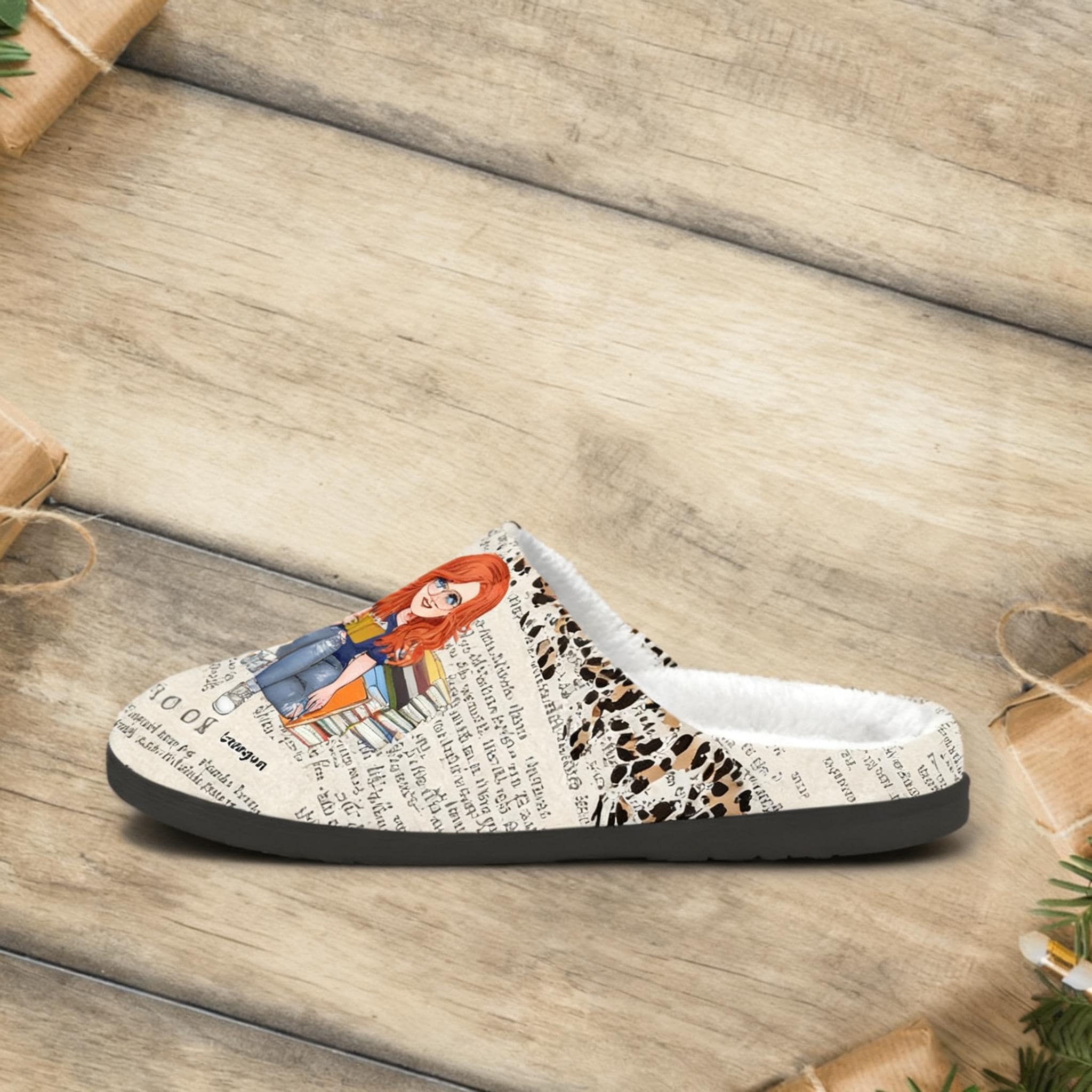 Book Lover Fleece Slippers, Leopard Print Indoor Shoes - Image 2