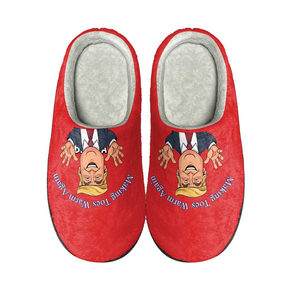 Funny Political Cartoon Slippers | Hand-Painted Red Fleece House Shoes