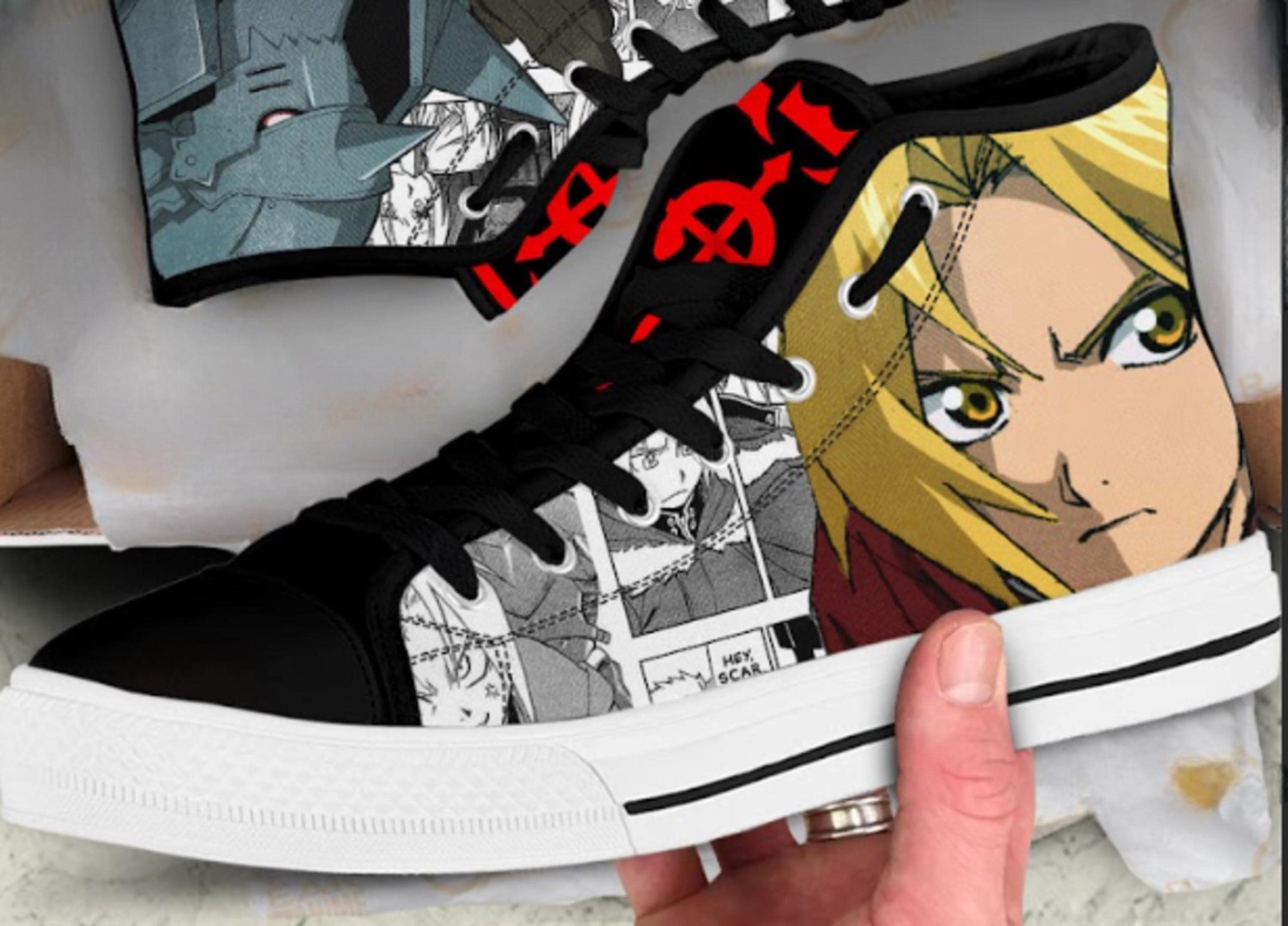 Anime Style High Top Sneakers | Black White Comic Art Canvas Shoes