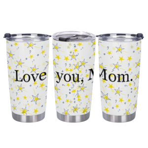 Three views of a custom tumbler with a “Love you, Mom” print, surrounded by star doodles, showing the full wrap-around design.