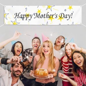 Custom banner with “Happy Mother's Day!” text and star print, hung above a group celebrating a party.