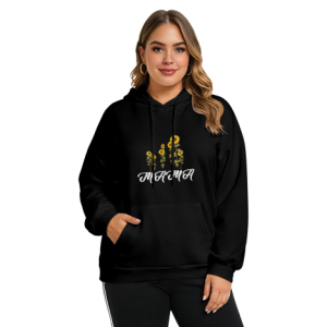 Black plus-size hoodie with “MAMA” sunflower print, worn by a model.