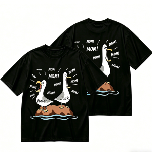 Black plus-size t-shirt with custom seagull “MOM!” print, front and back view.