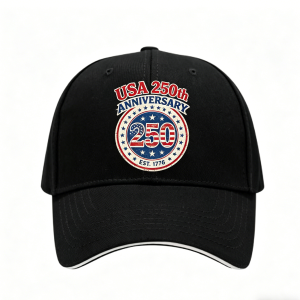 Black baseball cap with “USA 250th ANNIVERSARY” vintage print, studio shot.