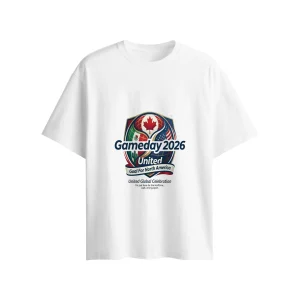 Men's white 2026 North America soccer fan graphic T-shirt front flat lay view