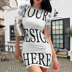 Model wearing a custom bodycon dress mockup with “YOUR DESIGN HERE” text, shown outdoors for everyday style.