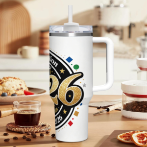 40oz "Class of 2026" graduation tumbler with glitter gold print, shown in a kitchen setting.