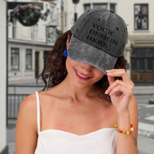 Washed black baseball cap mockup worn by a woman outdoors, showing everyday use.