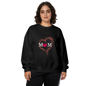 Black crewneck sweatshirt with a “MOM” print and red heart design, perfect as a casual Mother’s Day outfit or gift for mom.