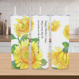 20oz straight tumbler with sunflower watercolor print and "Happy Mother’s Day!" quote, perfect as a Mother’s Day gift for mom.