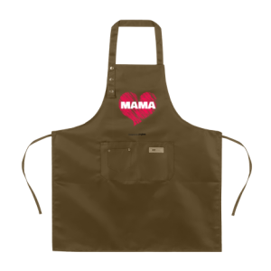 Brown custom apron with a pink heart print and the word “MAMA” in white, perfect as a Mother’s Day gift for cooking moms.