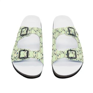 Pair of two-strap cork slide sandals with light green straps printed with cute cartoon Jigglypuff (Pokémon) pattern, white footbed, black rubber outsole. Front view.