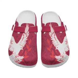 Front view of magenta peace dove print clogs with adjustable straps