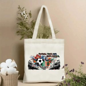 2026 World Cup themed canvas tote bag, front view with football and North America pattern