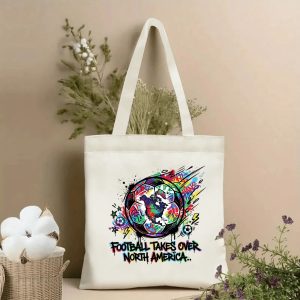 2026 FIFA World Cup Graffiti North America Map Soccer Print Canvas Tote Bag, "Football Takes Over North America" vibrant design, beige reusable tote displayed with cotton branches, fan souvenir accessory