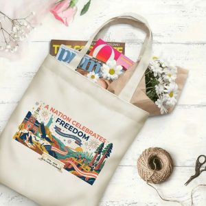 Canvas tote bag with the same America 250th print, shown open with books and flowers inside, on a white wooden surface.