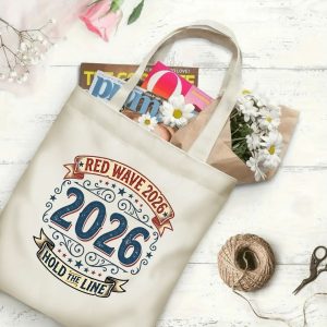 Natural canvas tote bag with "Red Wave 2026 Hold The Line" graphic print, shown open with magazines and flowers inside, placed on a white wooden background.