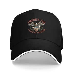 Black sandwich brim baseball cap with “AMERICA 250 YEARS OF FREEDOM” eagle graphic, studio shot.