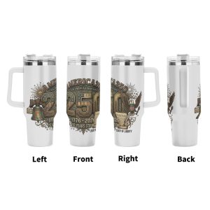 Four-angle product shot of a 40oz insulated tumbler: Left (Liberty Bell graphic), Front (full "America 250 1776-2026 250 Years Strong" vintage design), Right (bald eagle & scroll), and Back views, showing the complete patriotic graphic wrap.