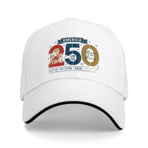 White sandwich brim baseball cap with USA 250th “We The People 1776-2026” vintage graphic, studio shot.