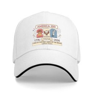 White sandwich baseball cap with “America 250” cartoon-style graphic print, studio shot.