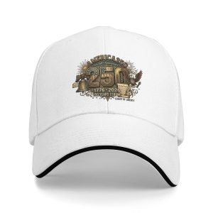 White sandwich baseball cap with vintage “America 250” patriotic graphic print, studio shot.