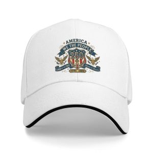 White sandwich baseball cap with vintage “We The People” USA 250th patriotic print, studio shot.