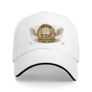 White sandwich baseball cap with vintage “America 250” winged scroll graphic print, studio shot.