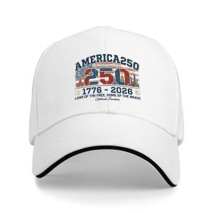 White sandwich baseball cap with vintage “America 250” distressed print, studio shot.