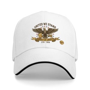 White sandwich baseball cap with vintage “United We Stand” eagle print, studio shot.