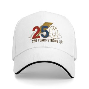 White sandwich baseball cap with “250 Years Strong” feather quill graphic print, studio shot.