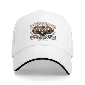 White sandwich baseball cap with vintage “America 250” eagle graphic print, studio shot.