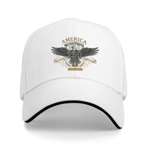 White sandwich baseball cap with “America We The People” eagle emblem print, studio shot.