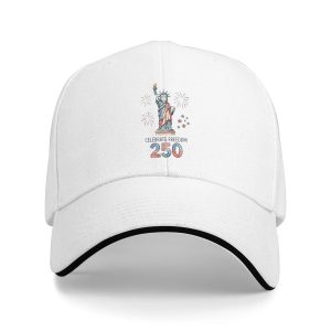 White sandwich baseball cap with Statue of Liberty “Celebrate Freedom 250” print, studio shot.