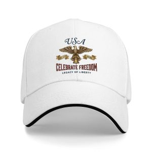 White sandwich baseball cap with USA “Celebrate Freedom” bald eagle emblem print, studio shot.