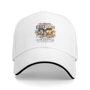 White sandwich baseball cap with “Celebrate Freedom” watercolor-style print, studio shot.