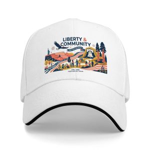 White sandwich baseball cap with “Liberty & Community” folk-style patriotic print, studio shot.
