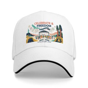 White sandwich baseball cap with “Celebrate & Freedom” folk-style celebration print, studio shot.