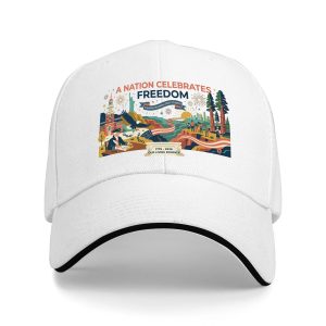 White sandwich baseball cap with “A Nation Celebrates Freedom” folk-style patriotic print, studio shot.
