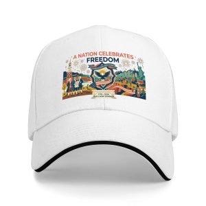 White sandwich baseball cap with “A Nation Celebrates Freedom” patriotic folk art print, studio shot.