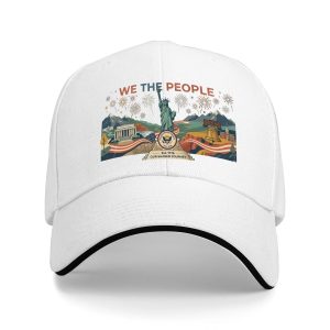 White sandwich baseball cap with “We the People” patriotic folk art print, studio shot.