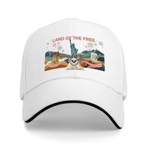 White sandwich baseball cap with “Land of the Free” patriotic folk art print, studio shot.