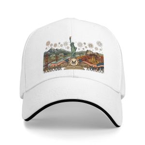 White sandwich baseball cap with USA landmark collage folk art print, studio shot.