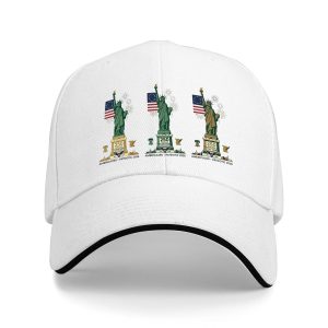 White sandwich baseball cap with three versions of the Statue of Liberty and "America 250 Patriotic 2026" print, studio shot.