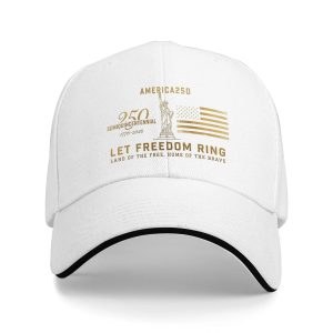 White sandwich baseball cap with gold-toned “America 250 Semiquicentennial” print, studio shot.