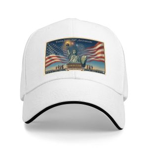 White sandwich baseball cap with a vintage-style United States 250th anniversary poster print, studio shot.