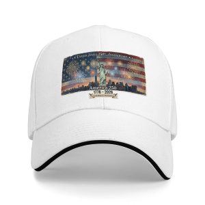 White sandwich baseball cap with a detailed United States 250th anniversary print, studio shot.