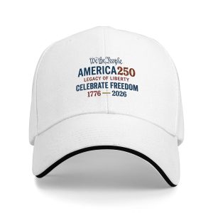 White sandwich baseball cap with “We the People America 250 Legacy of Liberty” text print, studio shot.