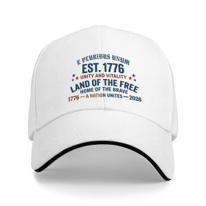White sandwich baseball cap with “E Pluribus Unum Est. 1776” and “Land of the Free” text print, studio shot.