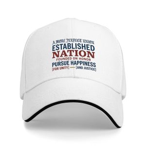 White sandwich baseball cap with “A More Perfect Union Established Nation” text print, studio shot.